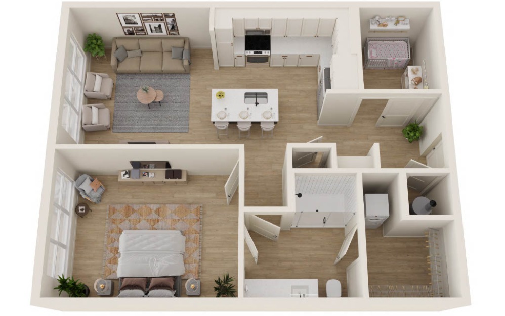 A2B + Study - 1 bedroom floorplan layout with 1 bathroom and 860 square feet (3D)