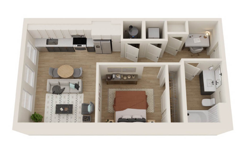 S1 - Studio floorplan layout with 1 bathroom and 595 square feet (3D)