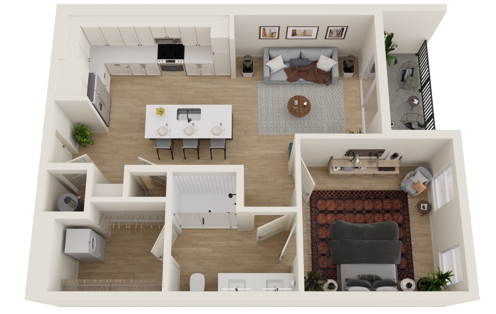 A1.2 - 1 bedroom floorplan layout with 1 bath and 730 square feet. (3D)