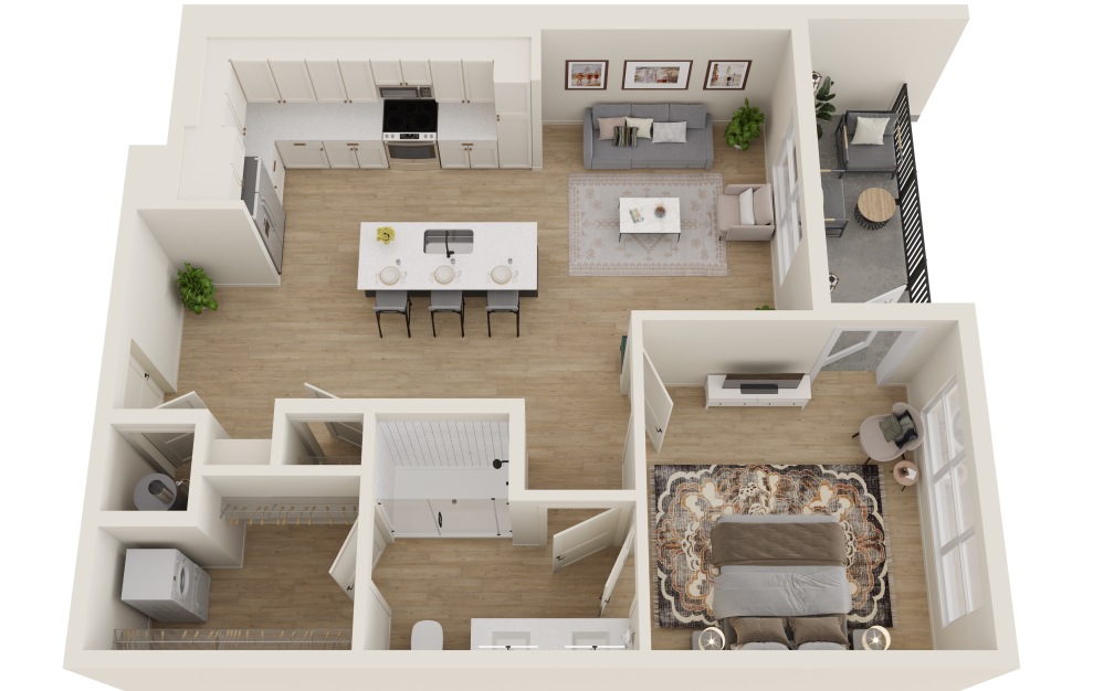 A1B - 1 bedroom floorplan layout with 1 bath and 754 square feet. (3D)