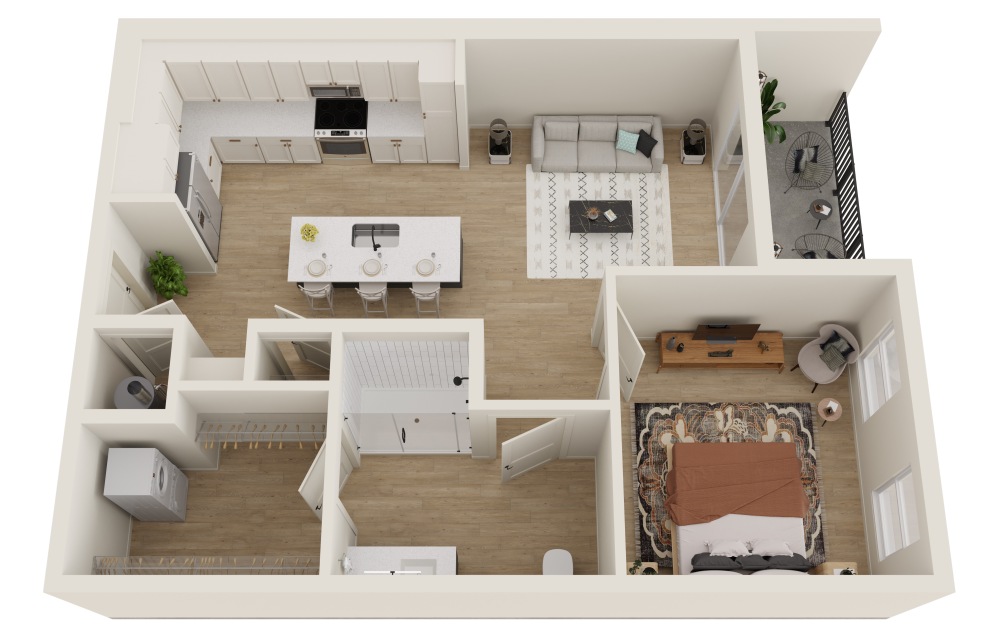 A1HC - 1 bedroom floorplan layout with 1 bathroom and 733 square feet (3D)