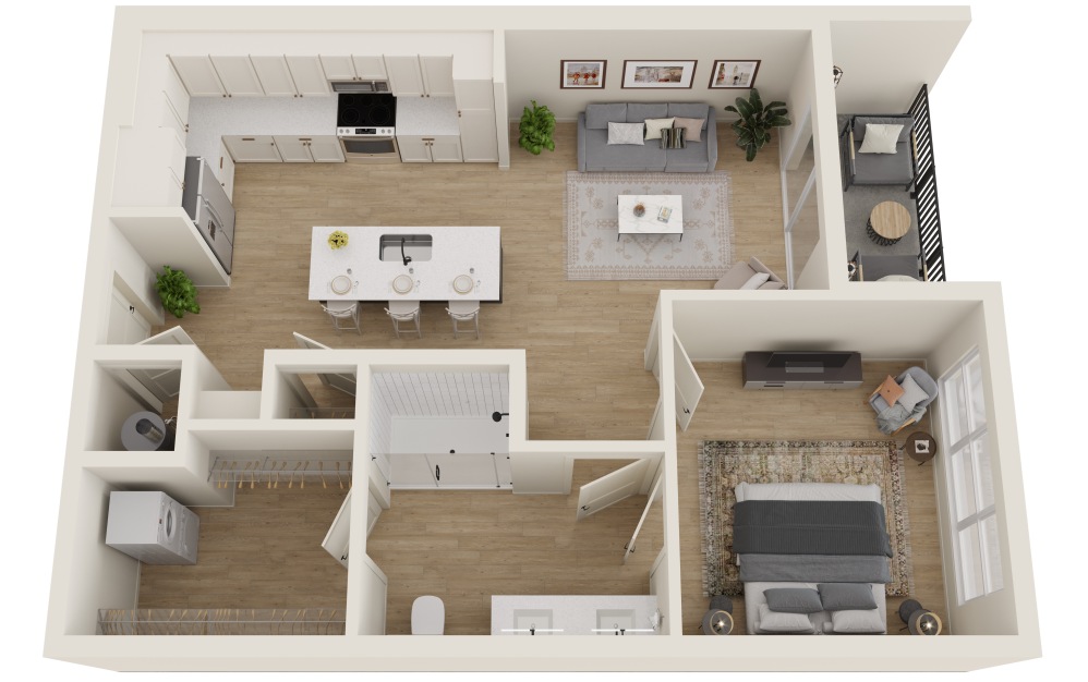 A1 - 1 bedroom floorplan layout with 1 bathroom and 733 square feet (3D)