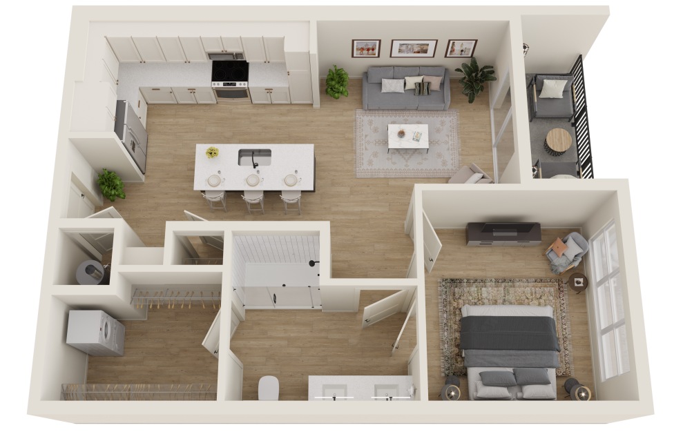 A1 - 1 bedroom floorplan layout with 1 bath and 733 square feet. (3D)