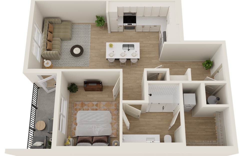 A2.2 - 1 bedroom floorplan layout with 1 bathroom and 735 square feet (3D)