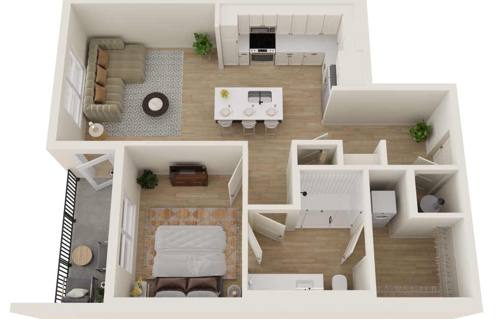 A2.2 - 1 bedroom floorplan layout with 1 bath and 735 square feet. (3D)