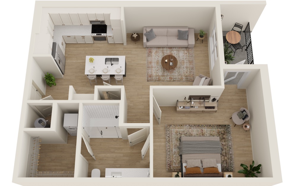 A2.4 - 1 bedroom floorplan layout with 1 bathroom and 800 square feet (3D)