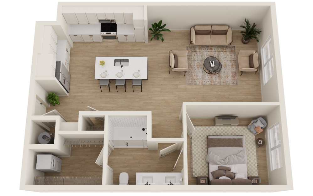 A3B - 1 bedroom floorplan layout with 1 bathroom and 830 square feet (3D)