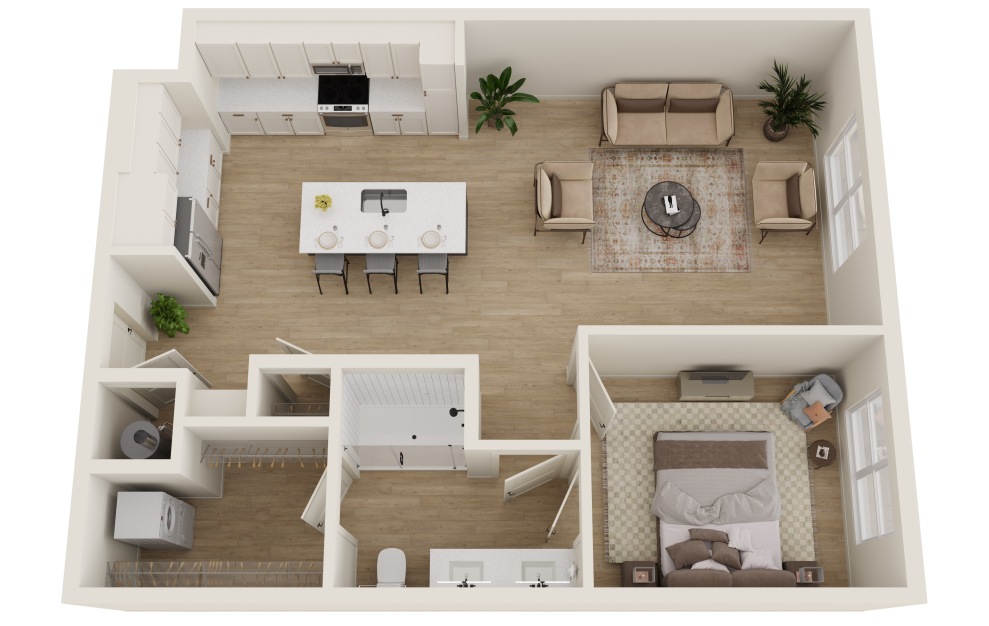 A3B - 1 bedroom floorplan layout with 1 bath and 830 square feet. (3D)