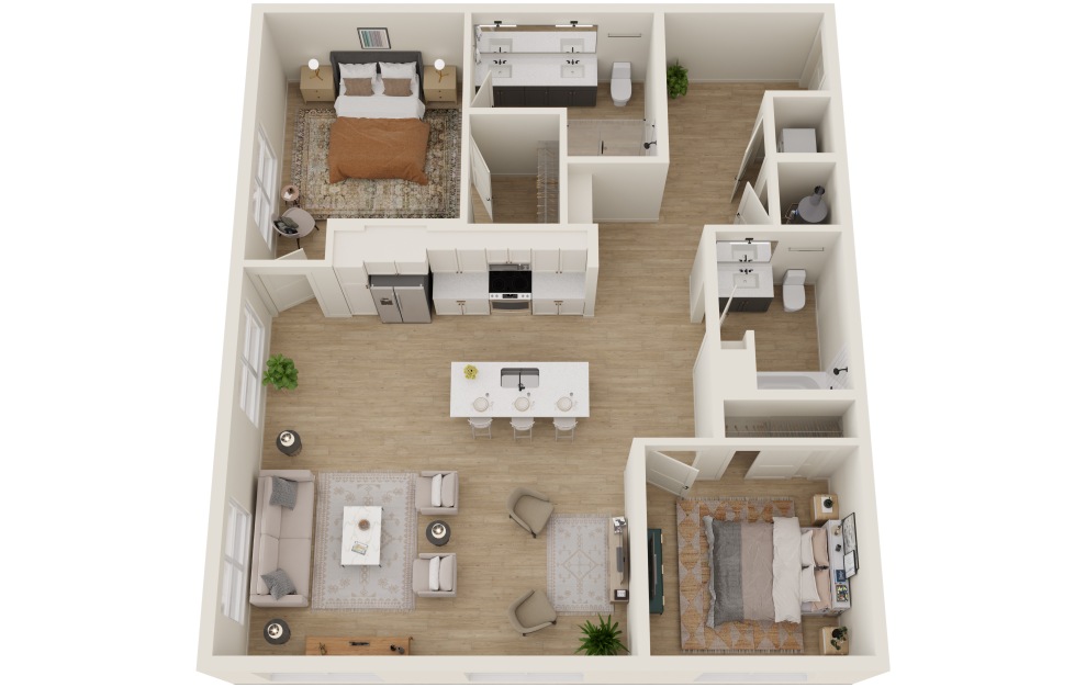 B1 - 2 bedroom floorplan layout with 2 baths and 1220 square feet. (3D)