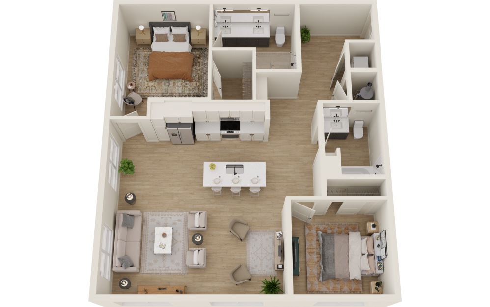 B1 - 2 bedroom floorplan layout with 2 bathrooms and 1220 square feet (3D)