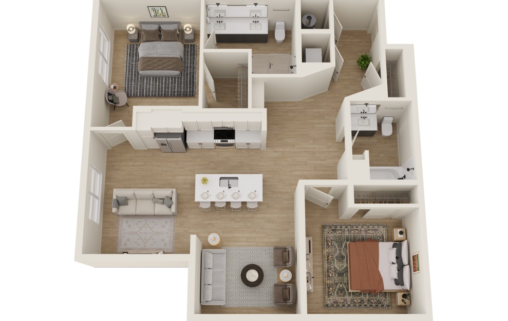 B2B - 2 bedroom floorplan layout with 2 baths and 1206 square feet. (3D)