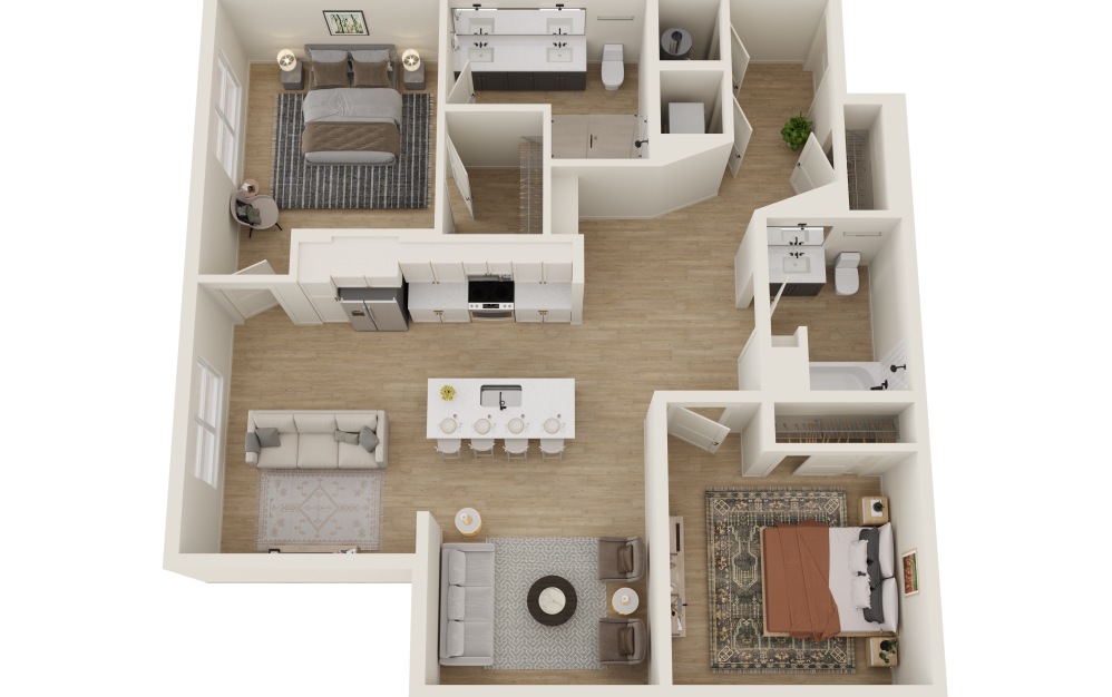 B2B - 2 bedroom floorplan layout with 2 bathrooms and 1206 square feet (3D)