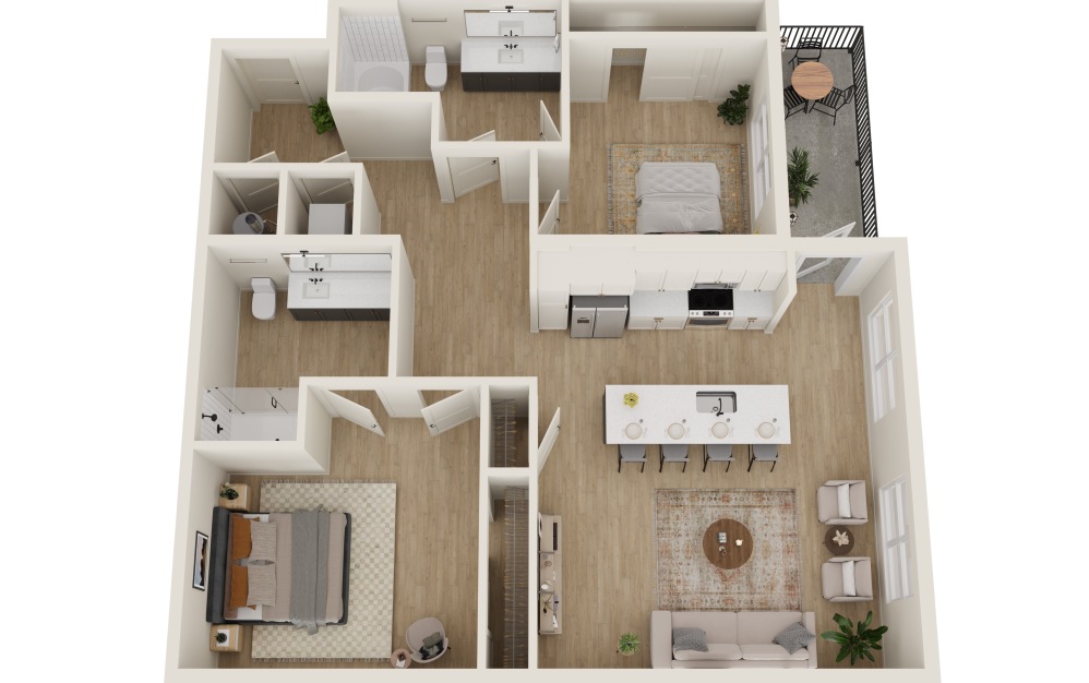 B2HC - 2 bedroom floorplan layout with 2 bathrooms and 1190 square feet (3D)