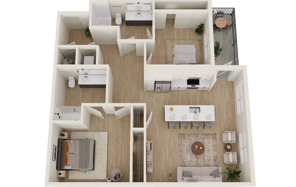 B2HC - 2 bedroom floorplan layout with 2 baths and 1190 square feet. (3D)