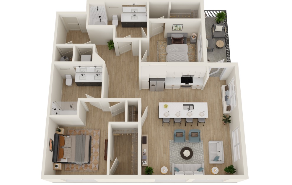 B2C - 2 bedroom floorplan layout with 2 baths and 1284 square feet. (3D)