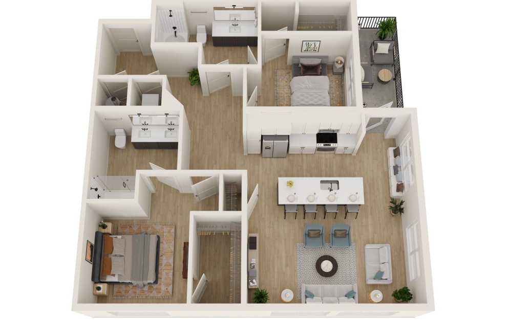 B2C - 2 bedroom floorplan layout with 2 bathrooms and 1284 square feet (3D)