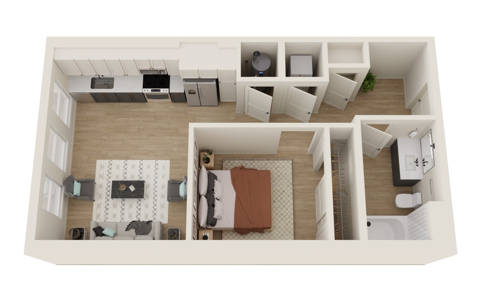 S1 - Studio floorplan layout with 1 bath and 595 square feet. (3D)